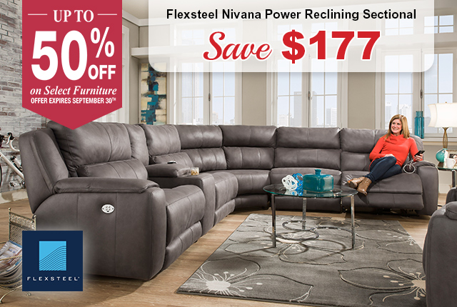 Up to 50% off on Select Futurniture. Offer expires September 30th. Flexsteel Nivana Power Reclining Sectional. Save $177.