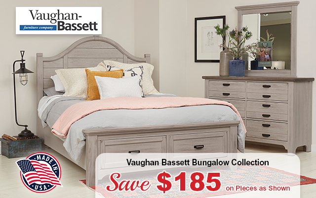 Vaughan Bassett Bungalow Collection. Save $185 on Pieces as Shown. Vaughan-Bassett Furniture Company. Made in USA.